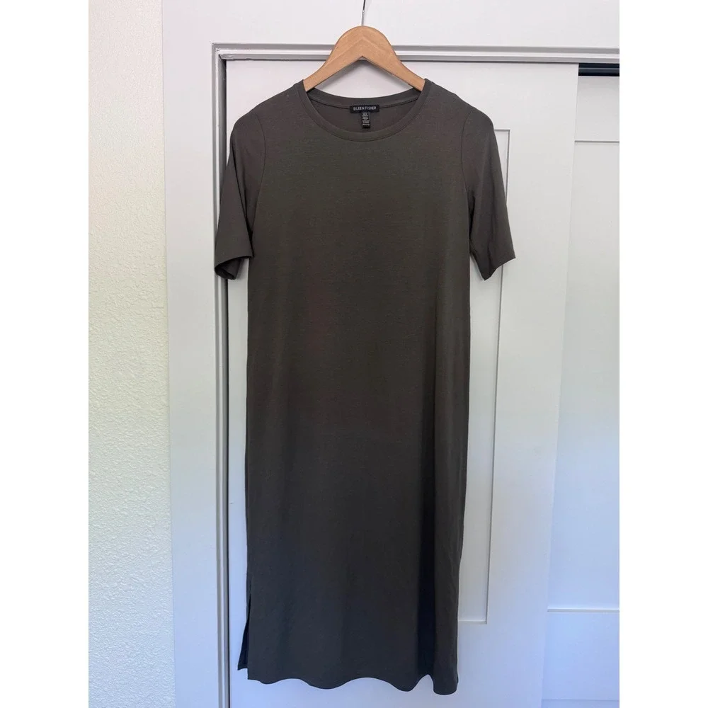 Eileen‎ Fisher Short Sleeve Viscose Jersey Midi T-Shirt Dress Olive XXS